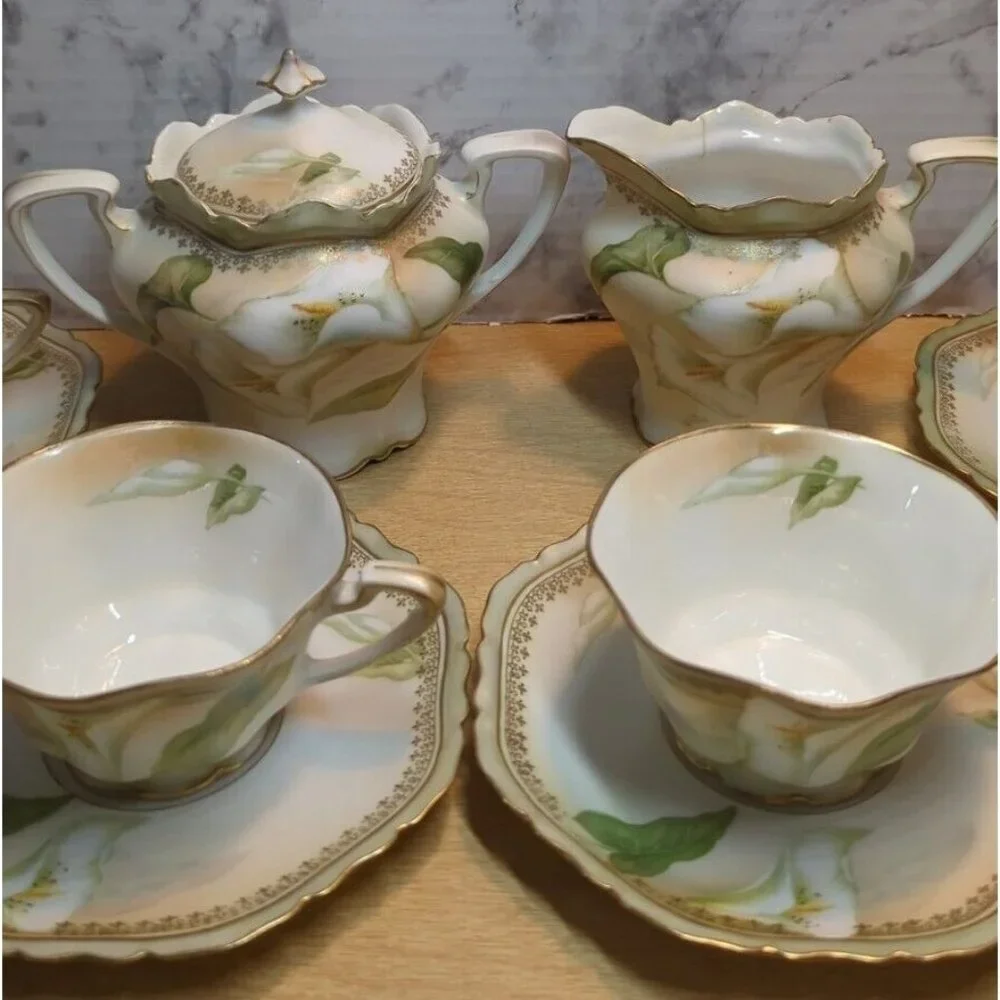 Antique RS Germany/Prussia Sugar Bowl Creamer 6 cups & 6‎ saucers Calla Lily